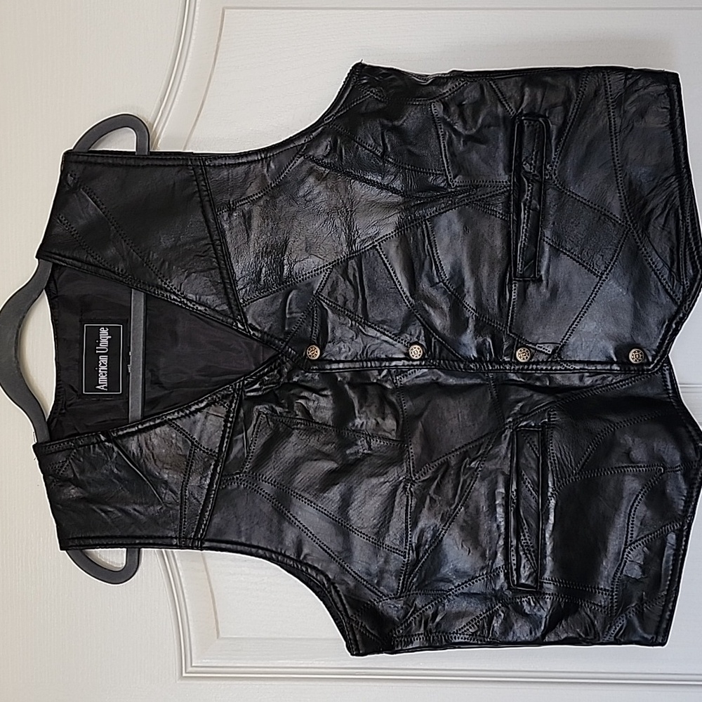 American Unique Men's Black Motorcycle Bikers Leather Vest Size XL